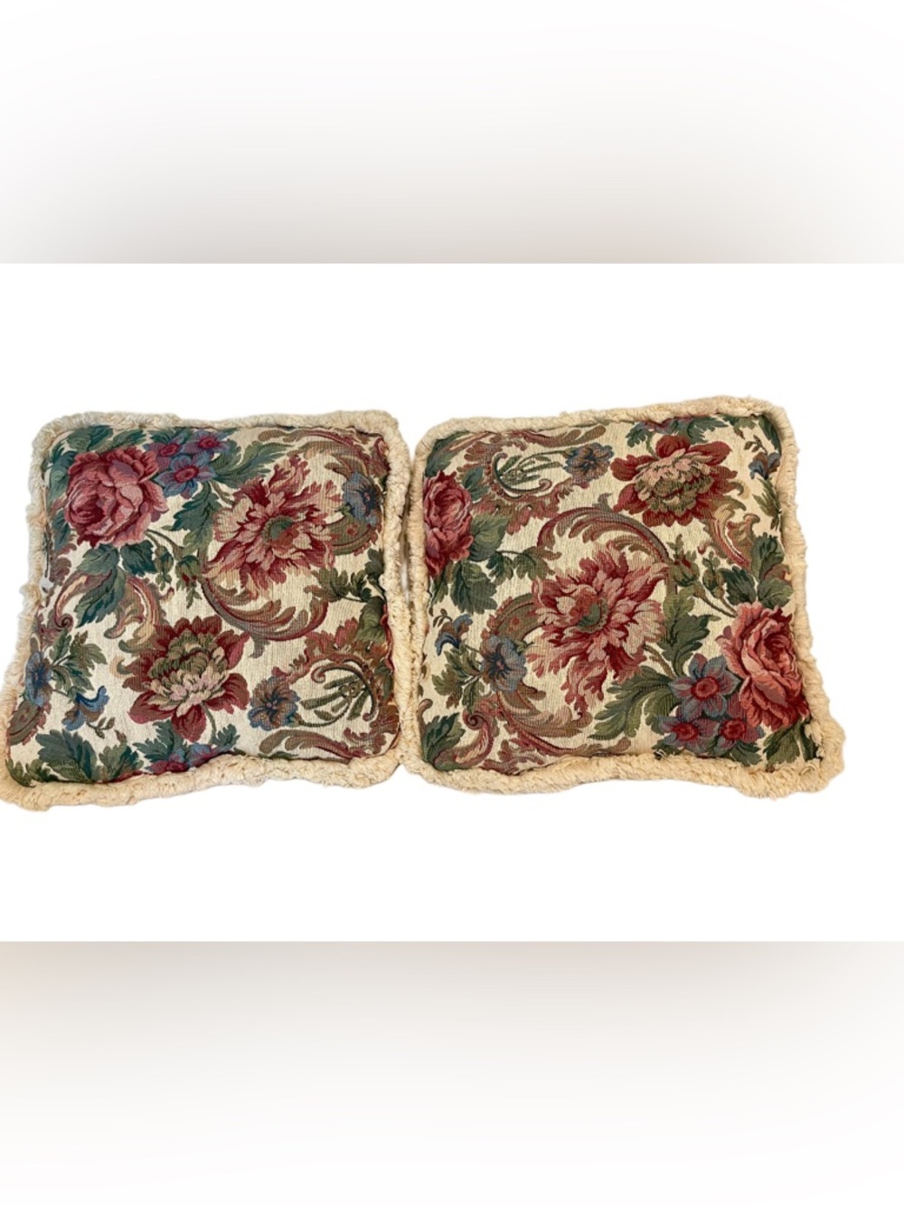 VTG Floral Tapestry Throw Pillows 16” x 16” Fringe - Pair Cottagecore Granny
